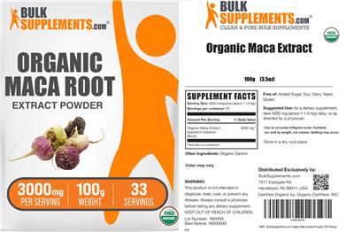 BulkSupplements.com Organic Maca Root Extract Powder 3000 mg product packaging