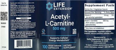 Life Extension Acetyl-L-Carnitine 500 mg source label used in the packaging illustration