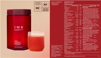 IM8 Daily Ultimate Essentials + Hydration Acai and Mixed Berries source label used in the packaging illustration