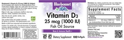 Bluebonnet Vitamin D3 25 mcg (1000 IU) source label used in the packaging illustration