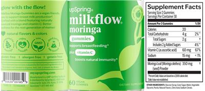 UpSpring MilkFlow Moringa Gummies Green Apple Flavor source label used in the packaging illustration