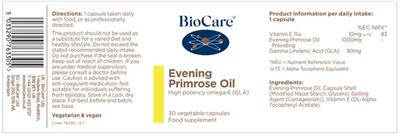 BioCare Evening Primrose Oil source label used in the packaging illustration