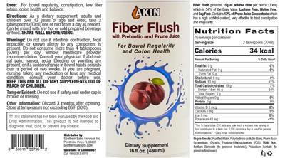 AKIN Fiber Flush with Prebiotic and Prune Juice source label used in the packaging illustration