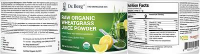 Dr. Berg Raw Organic Wheatgrass Juice Powder Lemon Flavor source label used in the packaging illustration