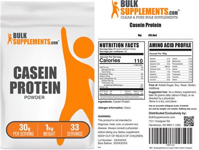 BulkSupplements.com Casein Protein Powder 30 g source label used in the packaging illustration