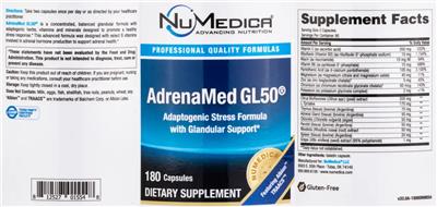 NuMedica AdrenaMed GL50 source label used in the packaging illustration