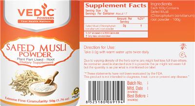 Vedic Powders Safed Musli Powder source label used in the packaging illustration